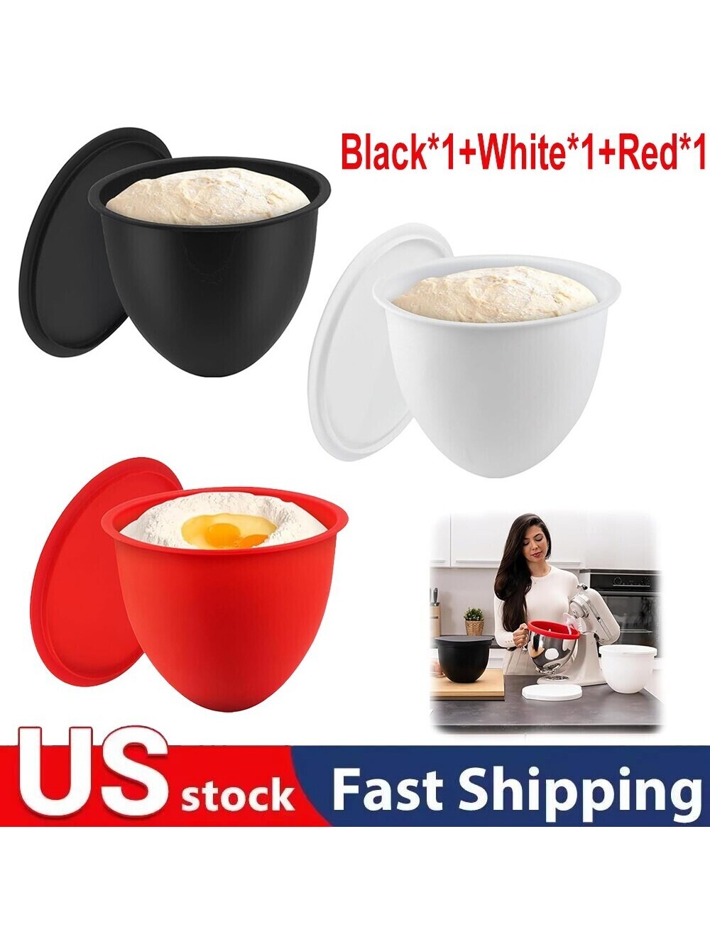 3-Pack Silicone Bowl Liners with Lids Compatible with 5 Qt KitchenAid Mixer